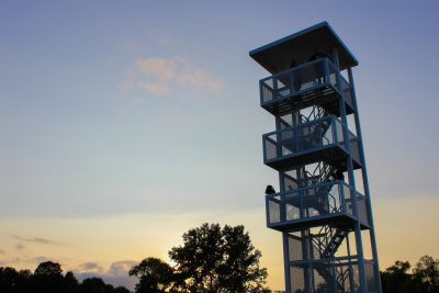 band tower at sunset